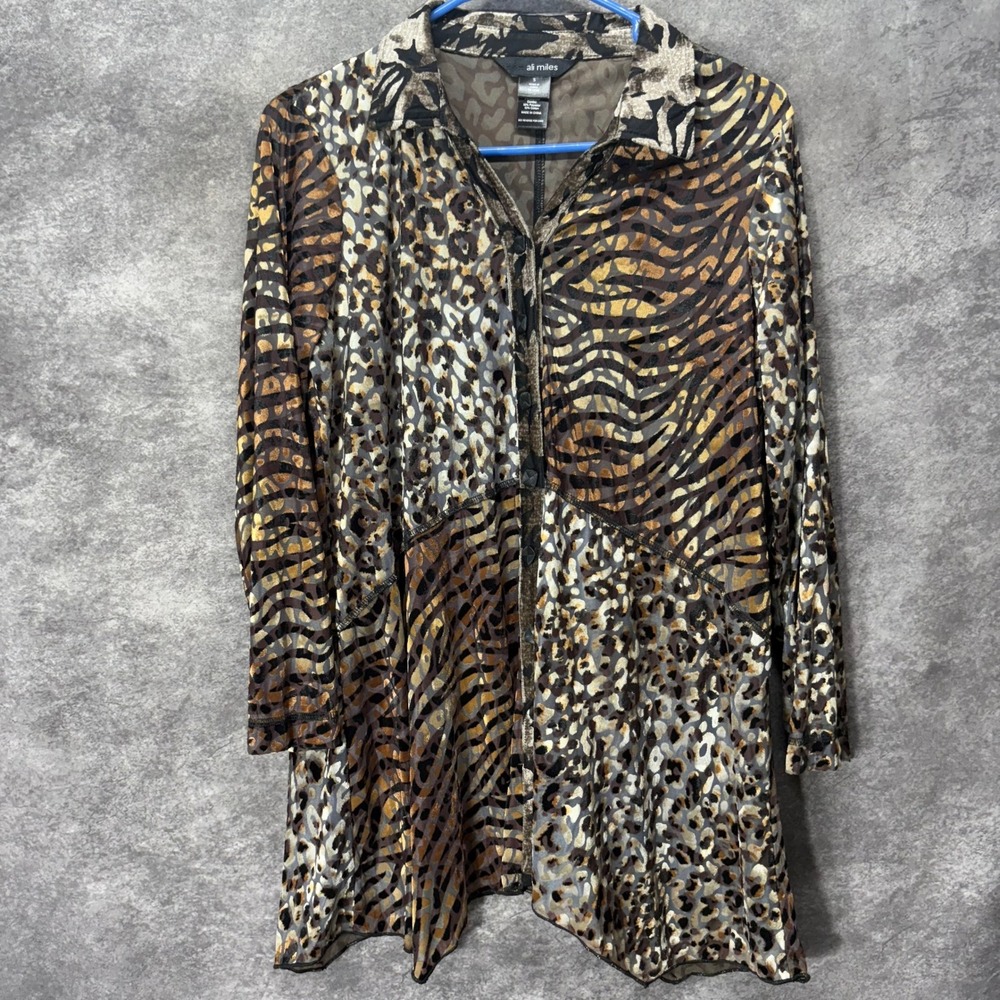 Ali Miles Velvet Burnout Patchwork Animal Print Button Tunic Women's S Tiger